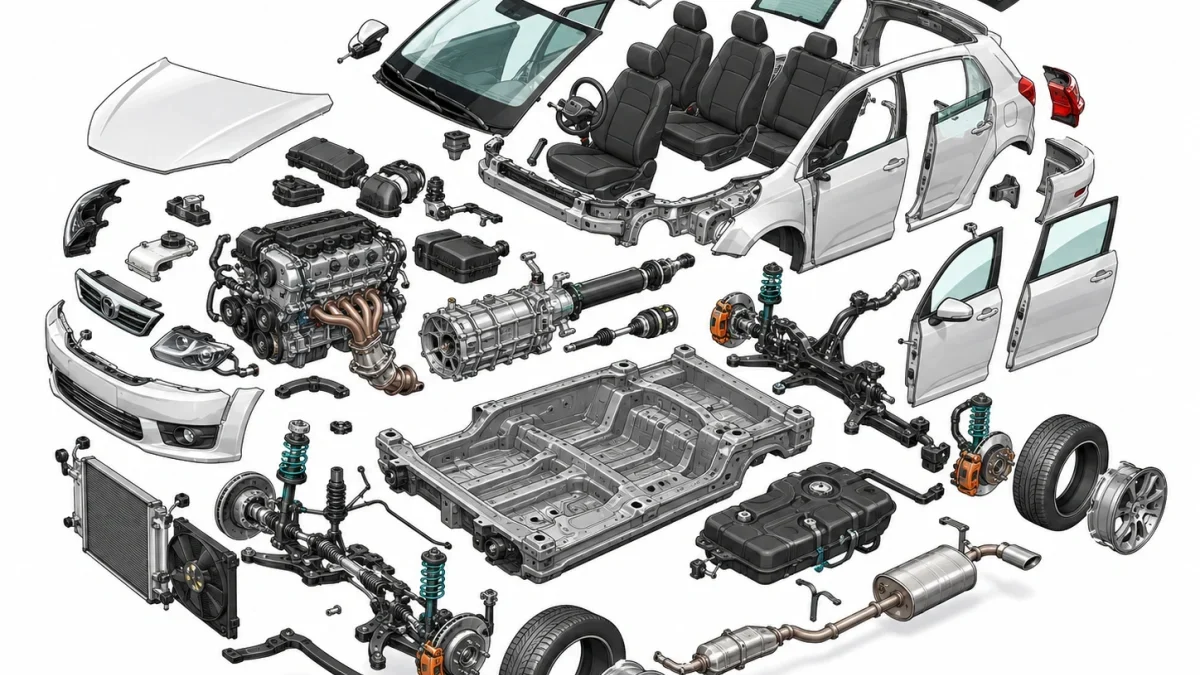 ガソリン車をエンジン、シャシー、サスペンション、ボディに分解した構造図