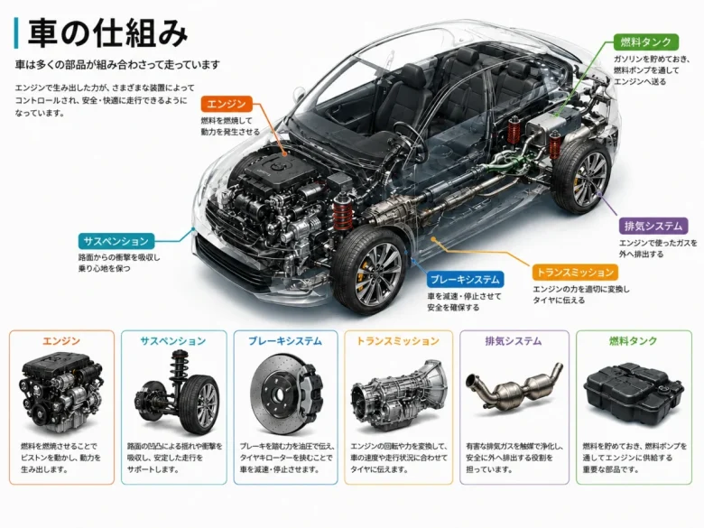 車の仕組みを説明する自動車の構造図解イラスト