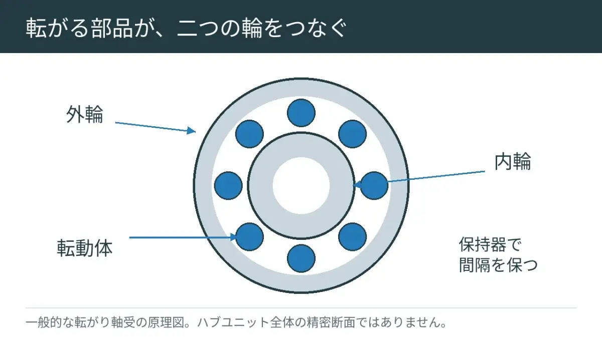 内側と外側の輪の間で、ボールなどが転がります。ボールの間隔を保つ部品もあります。