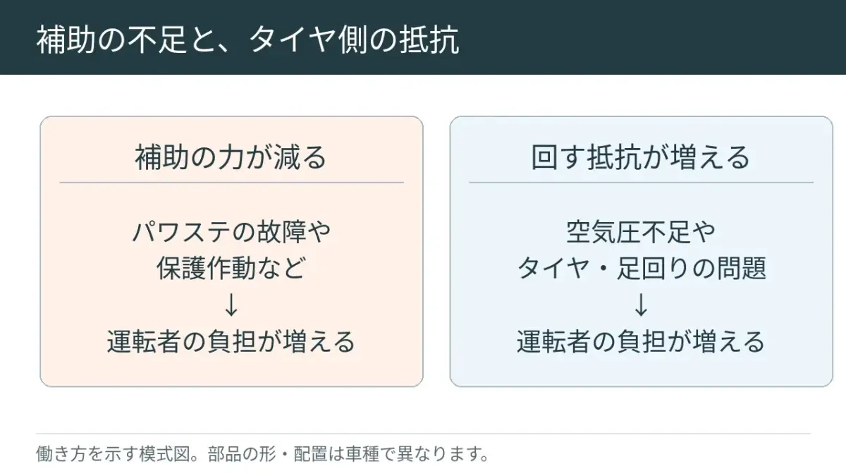 助ける力が弱くなった場合も、タイヤ側の抵抗が増えた場合も、ハンドルの感触に関わります。
