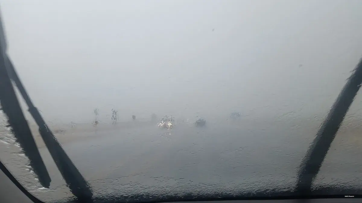 雨で濡れたフロントガラス。外側の水滴と内側の曇りでは、使う機能が違う。