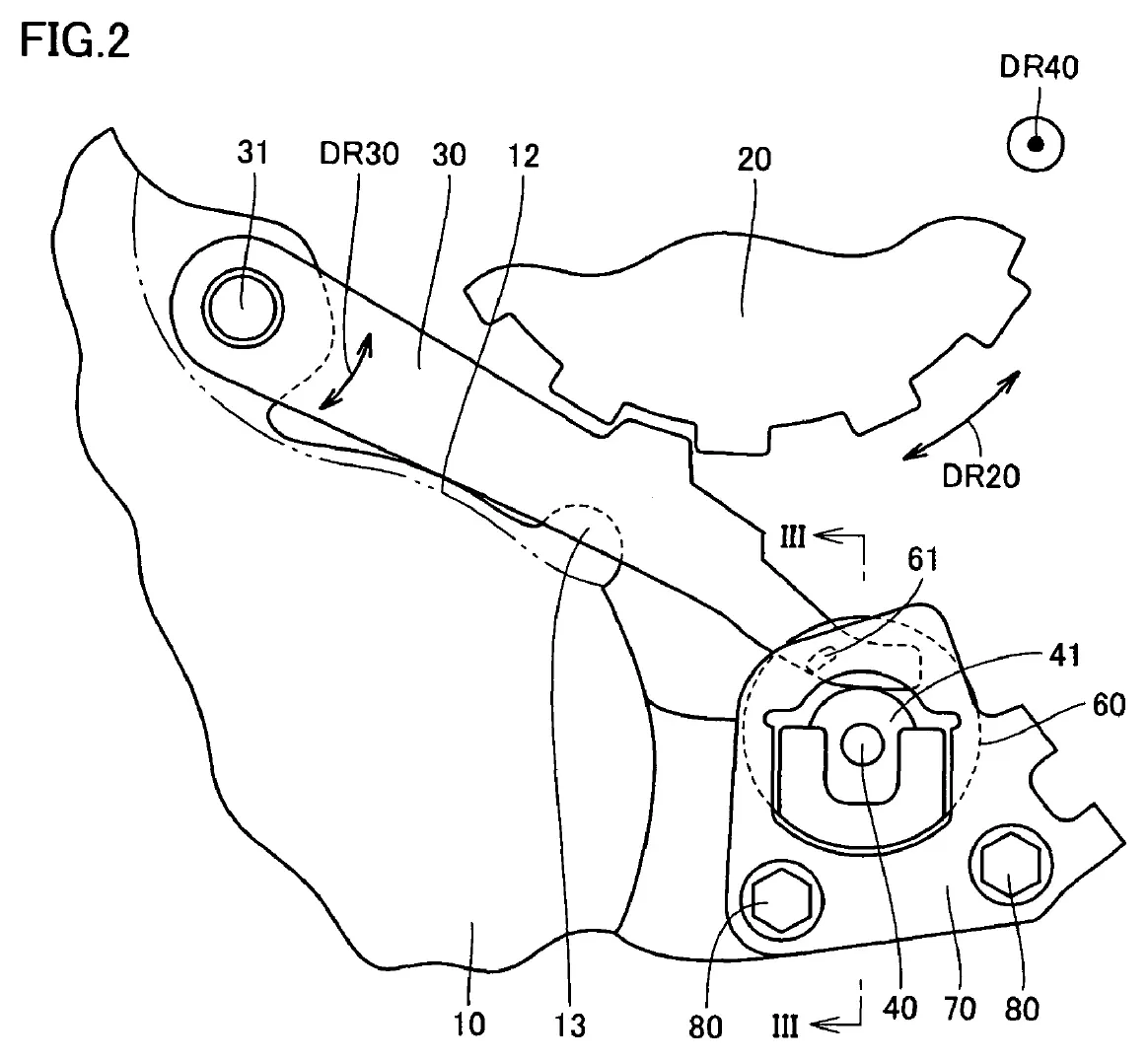 米国特許US7731007B2の図2から引用。20が歯車、30がかみ合う爪、40が爪を動かす棒です。これは構造の一例で、全車の部品形状を示すものではありません。