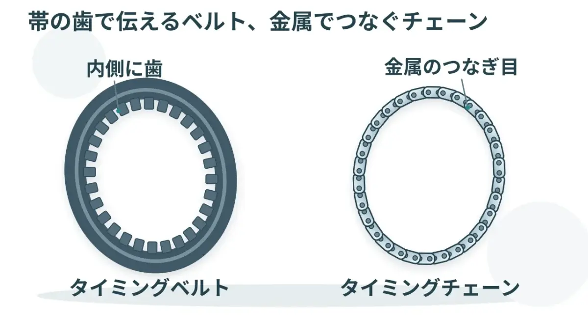 内側に歯が付いたベルトと、金属の部品をつないだチェーンの違いです。