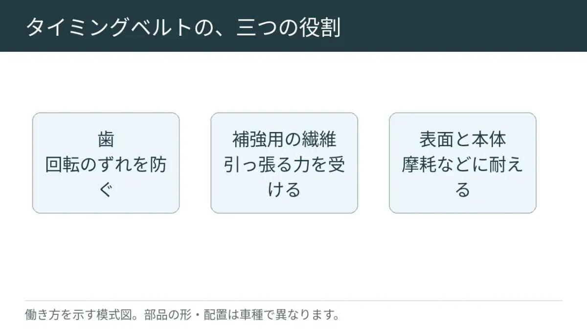 歯付きの帯を、繊維などで強くしています。材料の組み合わせは製品によって違います。