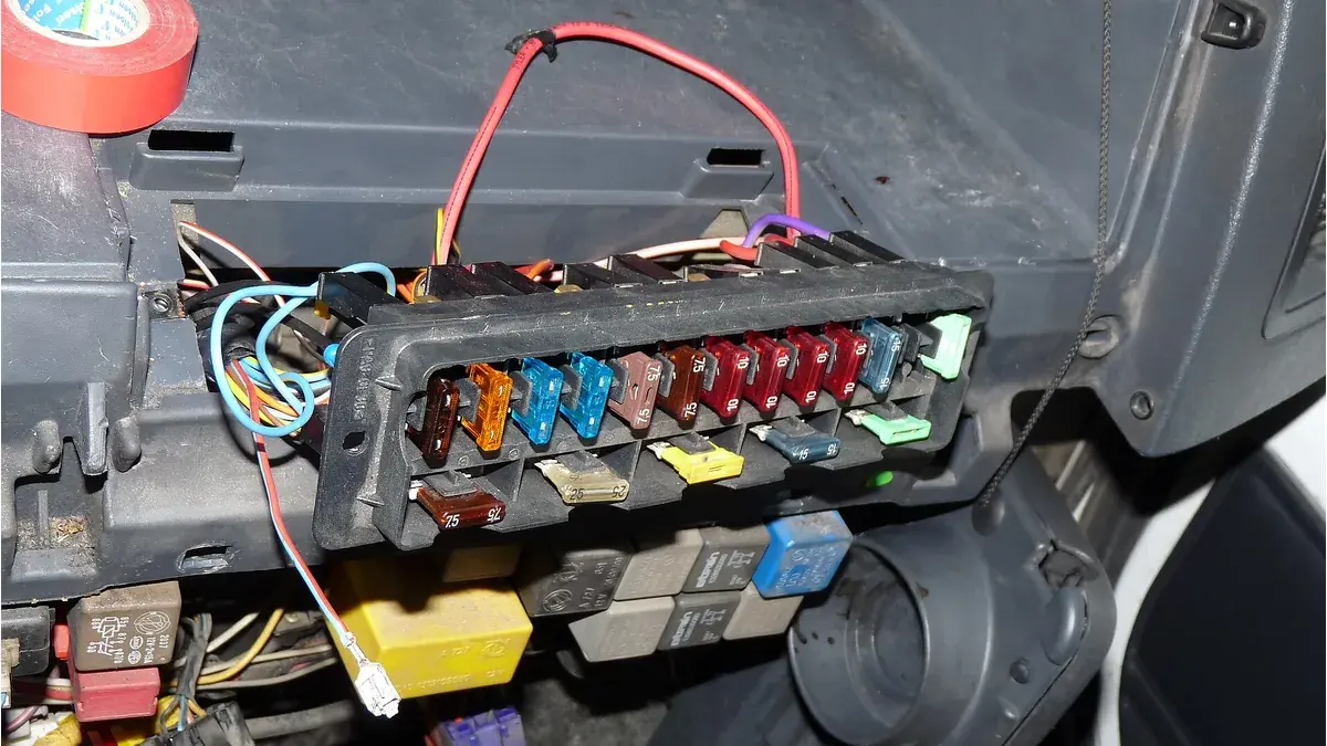 車載ヒューズボックスの例。回路ごとに、決められた容量のヒューズを使う。