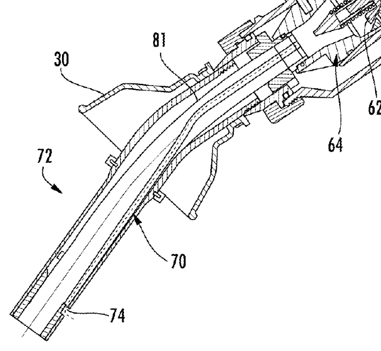 米国特許US9670052B2の図2から、ノズル先端部分を引用。先端の74が検知口、70が空気の通路です。燃料が出る大きな口とは別に、小さな空気の道があることを確認できます。